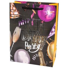 Пакет подарочный, С Днем Рождения! (бокал шампанского), Черный, Металлик, 32*26*10 см, 1 шт. Дон Баллон