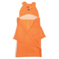 Покрывало с капюшоном и ушами, флис цв оранж, вышивка Мишка 70х100 см Карамель