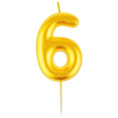 Свеча для торта с держателем MESHU "Цифра 6", 6см, золотая