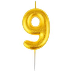 Свеча для торта с держателем MESHU "Цифра 9", 6см, золотая