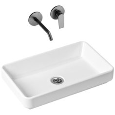 Комплект 3 в 1 Lavinia Boho Bathroom Sink Slim 21510028, накладная фарфоровая раковина 55 см, встраиваемый смеситель со скрытым механизмом, пластиковый сифон