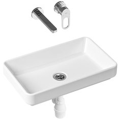 Комплект 3 в 1 Lavinia Boho Bathroom Sink Slim 21510156, накладная фарфоровая раковина 55 см, встраиваемый смеситель со скрытым механизмом, пластиковый сифон
