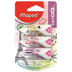 Ластик треуг формы TATOO, белый с цветной серединой Maped, в карт футл, 3 шт, узор Париж, в блистере