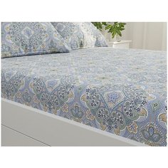 Простыня на резинке Сказка Бисер, перкаль, 160 х 200 см, бежевый/белый/голубой