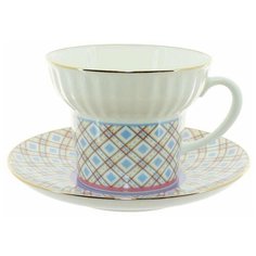 Чашка с блюдцем кофейная. Императорский фарфоровый завод. Форма Волна. Рисунок Геометрия 6. 155 мл.