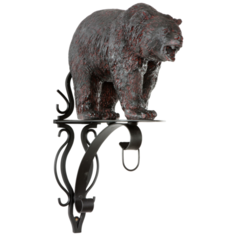 Садовый черный кованый кронштейн/держатель для цветов/кашпо/фонаря BOGACHO Медведь Велес с фигурой медведя из стеклокомпозита коричневого цвета ручная работа