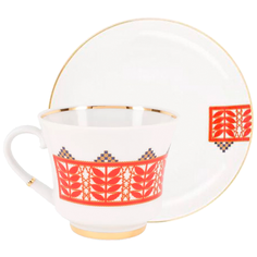 Чашка с блюдцем чайная. Императорский фарфоровый завод. Форма "Банкетная". Рисунок "Русский стиль. Рушник". 220 мл.
