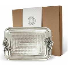 Поднос прямоугольный с накладками "Виноград" медный посеребренная кованый Кольчугинский мельхиор