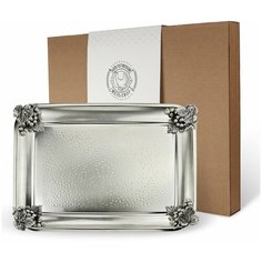 Поднос прямоугольный с накладками на углы "Виноград" медный посеребренная кованый Кольчугинский мельхиор