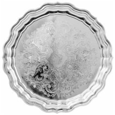 Поднос круглый с фигурным вырезом края с гравировкой рисунком никелированный Кольчугинский мельхиор