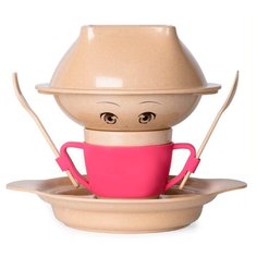 Набор детской эко-посуды из рисового волокна Skiico Kitchenware 6 предметов / Детская посуда набор : тарелка, тарелка секционная, миска, кружка с силиконовым держателем 250 мл, ложка, вилка Розовый