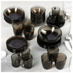 Набор столовый Skiico Kitchenware 44 предмета / Кухонный прозрачный набор посуды на всю семью из черного стекла
