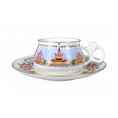 Чашка с блюдцем кофейная. Императорский фарфоровый завод. Форма "Билибина". Рисунок "Павильоны ВДНХ". 180 мл.