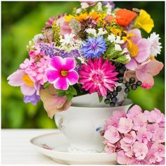 Алмазная мозаика "Яркие садовые цветочки" (20х20 см) Рыжий кот