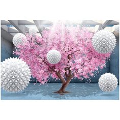 Фотообои виниловые на флизелиновой основе Polimar "Дерево с колючими шарам 3D розовый", Арт. 14-079, 400см х 270см (ШхВ)