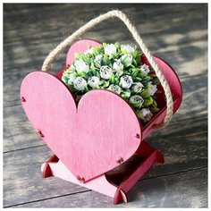 Кашпо деревянное 17.7×10.5×15 см уникальное "Сердце на двоих", ручка верёвка, бордовый 3638528 Сима ленд