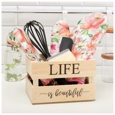Набор подарочный Life is beautiful: полотенце, варежка-прихватка, кухонная лопатка, венчик, губка Этель