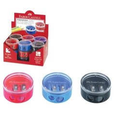 Точилка FABER- CASTELL, 2 отверстия, с контейнером, круглая, пластиковая, красная/синяя, 185418 4 шт.