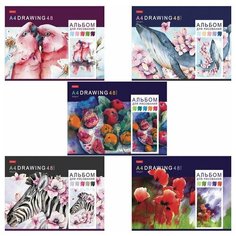 Альбом для рисования, А4, 48 листов, скоба, обложка картон, HATBER, 205х290 мм, "Акварельная палитра" (5 видов), 48А4В 7 шт.