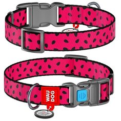 WauDog Ошейник для собак Nylon с QR паспортом, рисунок "Арбуз", пластиковый фастекс (ширина 15 мм, длина 23-35 см)