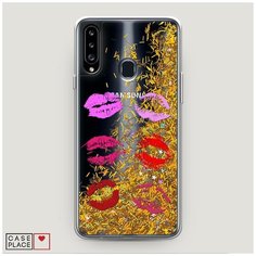 Чехол Жидкий с блестками Samsung Galaxy A20s Поцелуи помада Case Place