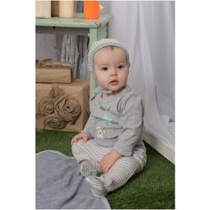 Детский комплект для мальчика Diva Kids: боди+ползунки+чепчик/ 0-9 мес, 56-68 см, серый меланж, полоска белая и серая, с принтом/ Комплект одежды для малышей/ Боди для новорожденных/ ползунки для новорожденных/ чепчик для новорожденных/ Комплект одежд