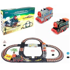 Железная дорога "Останови крушение" SW7210, Серебряный путь 28 элементов, длина пути 323 см, 2 поезда, прицеп, стрелки, дорожные знаки, светящийся прожектор, музыкальное сопровождение, 53х31х9 см Play Smart