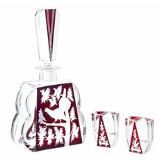 Набор для крепких напитков из штофа и 2 стопок "Охота", стекло, резьба, мануфактура "Egermann", Чехия, 1950-1980 гг.