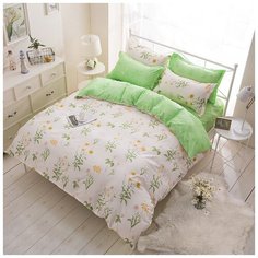 Комплект постельного белья Grazia Textile Garden Flowers, Евро, смесовая ткань, 2 наволочки 70х70, светло-зеленый, белый, цветочный, флора