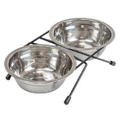 ECO Кормушка Дарэлл, металлическая, напольная, с двумя нерж.мисками, 2х0,35 л, D14 см, чёрная, термоупаковка