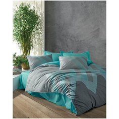 Комплект постельного белья: под.200x220см, пр.240x260см, нав.(2шт) 50x70см, бирюзовый, RIVER TURKUAZ SINGLE Cotton box