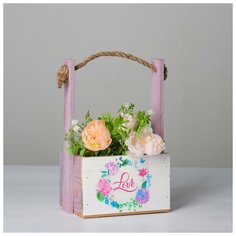 Дарим Красиво Кашпо деревянное, 15?12?8.5(25) см "Пауль и Любовь. Love в цветочках", с принтом