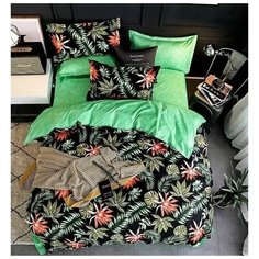 Комплект постельного белья Grazia Textile Tropicana, 1,5 спальный, смесовая ткань, 2 наволочки 70х70, белый, зеленый, листья, однотонный