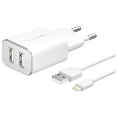 СЗУ 2 USB 2.4А, дата- кабель Lightning (MFI), белый, Deppa (11383)