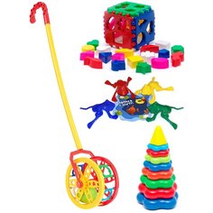 Набор развивающий: Каталка "Колесо" + Кубик логический большой + Пирамида детская большая + Команда КВА №1 KAROLINA TOYS