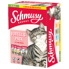 корм для кошек Schmusy с индейкой, с тунцом, с курицей, с кроликом 12 шт. х 100 г (кусочки в желе)