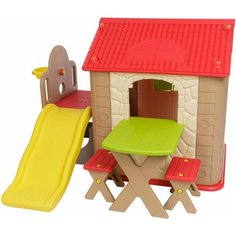 Детский игровой комплекс Haenim Toy HN-777 (Южная Корея) для дома и улицы: игровой домик, игровой столик, 2 стульчика, баскетбольное кольцо с мячом, детская пластиковая горка (Brown+Red)
