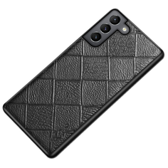 Чехол-бампер-накладка MyPads на Samsung Galaxy S21 (SM-G991) роскошная премиальная задняя панель на силиконовой основе обтянутая качественной натуральной кожей теленка с дизайном под плетение кожи черная