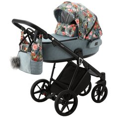 Коляска универсальная Adamex Porto FLOWERS 2 в 1, PO-FL4 - Серо-голубой, серо-голубой с цветами