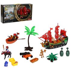 Набор детский игровой "Пираты" на батарейках, корабль 4 пирата, лошадь, шлюпка, сундук с сокровищами, со светом и звуком, в/к 49*9*26см Компания Друзей