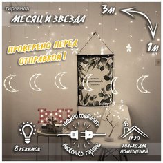 Новогодняя светодиодная гирлянда штора Месяц и звезда c контроллером 3 х 1 м, белый (6+6) Baziator
