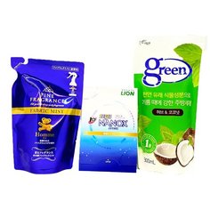 Средство для мытья посуды Pigeon Green "Травы и кокос" + Кондиционер-спрей NS FaFa Homme, запасной блок, с утонченным ароматом, 230мл + Гель для стирки Lion Super Nanox 20г