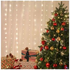 Гирлянда светодиод. занавес 3х3м 300LED шампань, 10 нитей, пост. свечение, медь, 220В Сноубум