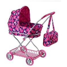 Коляска-люлька для кукол синяя с сердечками,с сумкой, 9325/цвeт№1
