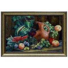 Картина на холсте маслом "Натюрморт с бокалом, фруктами и кувшином" 42 x 72 см. Автор: Маслова Ольга (багетная рама в подарок) Бачетта