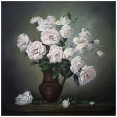 Картина на холсте маслом "Букет в кувшине на столе" 50 x 50 см. Автор: Солодкая Инна (багетная рама в подарок) Бачетта