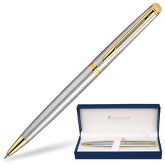 Ручка подарочная шариковая WATERMAN "Hemisphere Stainless Steel GT", серебристый корпус, позолоченные детали, синяя, S0920370