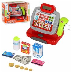Игровой набор детский "Касса", касса с игрушечным калькулятором, сканер, на батарейках, свет, звук, для девочек, для детей, развивающая обучающая игрушка, для игры в кассира, для игры в магазин, для игры в продавца, 6 предметов, цвет красный, 27/16/22 Компания Друзей