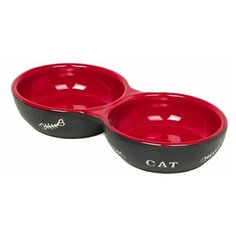 Миска двойная керамическая с рисунком "Cat" (красно- черная), 22x11,5x3,5 см Nobby