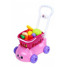 Тележка детская для маркета с фруктами и овощами розовая технок в подарочной упаковке / детская тележка для продуктов / игрушка каталка детская с ручкой / каталка для девочек / овощи и фрукты игрушечные / фрукты и овощи игрушечные /